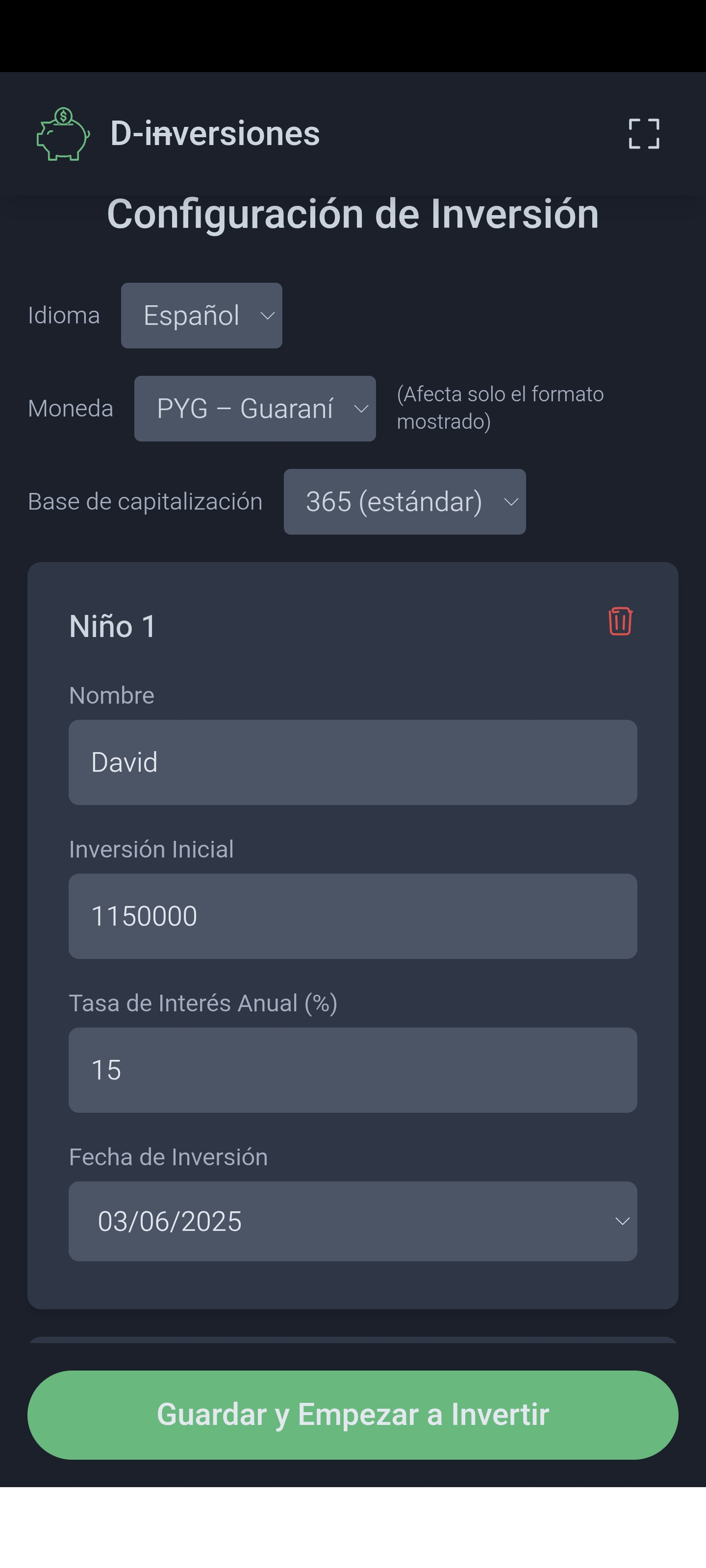 Configuration screen